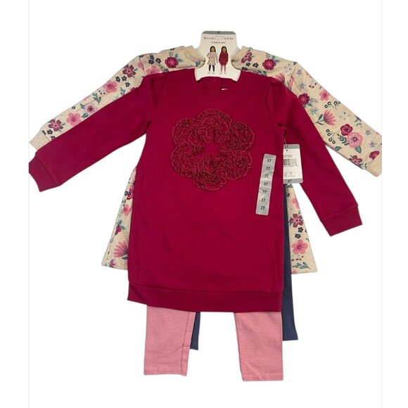 Koala Kids 4-Piece Girls 3T Set: Floral Dress Pink & Blue Leggings Red Tunic NWT - Picture 1 of 9